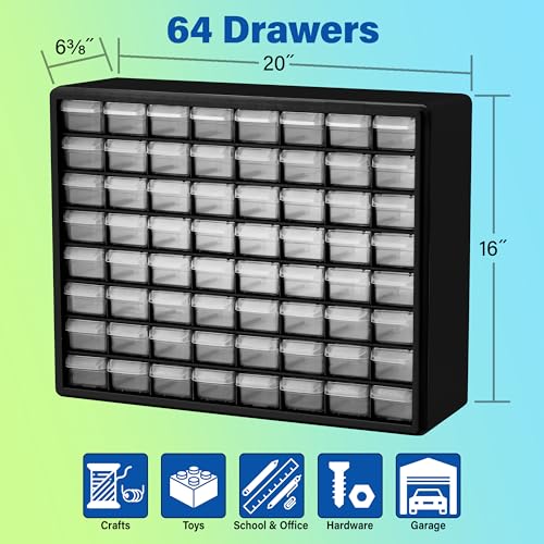 Akro-Mils 10164, 64 Drawer Plastic Parts Storage Hardware and Craft Cabinet, 20-Inch W x 6-Inch D x 16-Inch H, Black