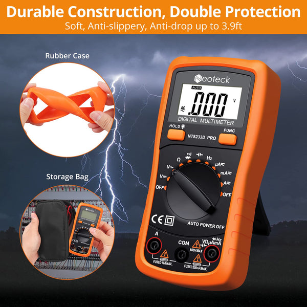 Neoteck Auto Ranging Digital Multimeter AC/DC Voltage Current Ohm Capacitance Frequency Diode Transistor Audible Continuity, Multi Tester with Backlit LCD