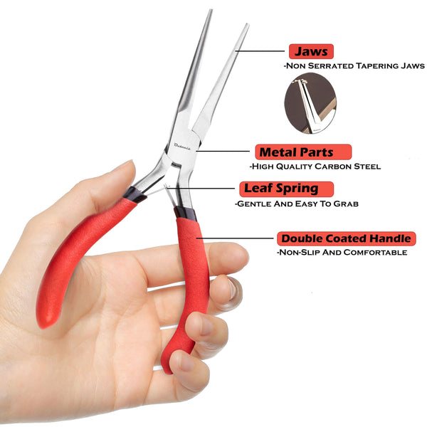 Outeels Needle Nose Pliers 6 Inch - Precision Pliers with Extra Long Tapering and Non-Serrated Jaws for Jewelry Making, Bending Wire and Small Object Gripping - Pack 1