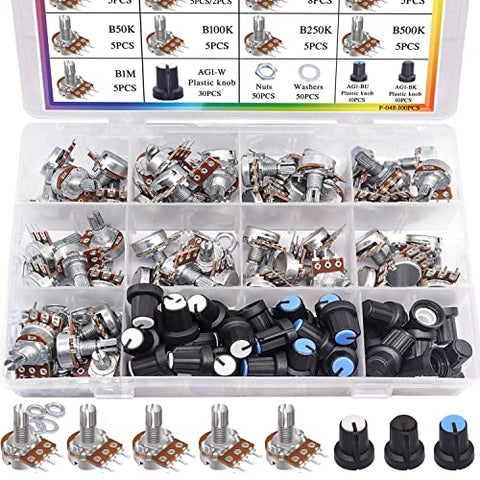 Taiss 100PCS Potentiometer Kit,WH148 B1K 5K 10K 20K 50K 100K 250K 500K 1M ohm potentiometers,Potentiometer Assortment,Single Linear Taper Potentiometer 3 Terminal with Knobs,Nuts and Washers