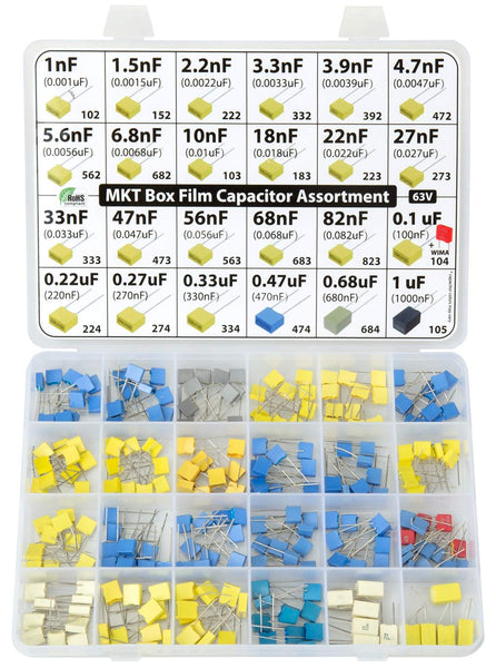 Metallized Polyester MKT PET Film Box Capacitor Assortment Kit, 235 pcs, 24 Values, 63V, 1nF to 1uF