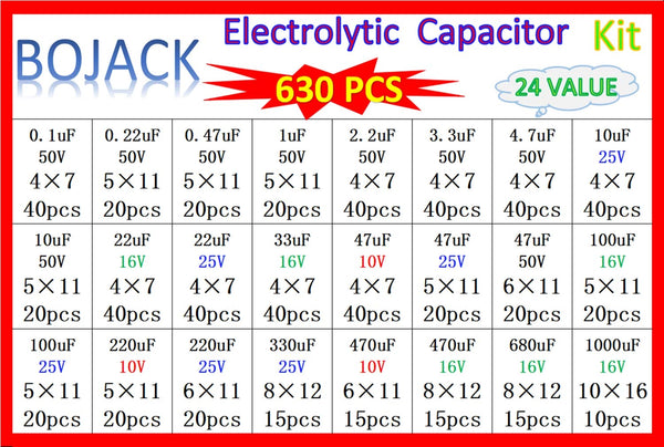 BOJACK 24Value 630pcs Aluminum Electrolytic Capacitor Assortment Box Kit Range 0.1uF－1000uF
